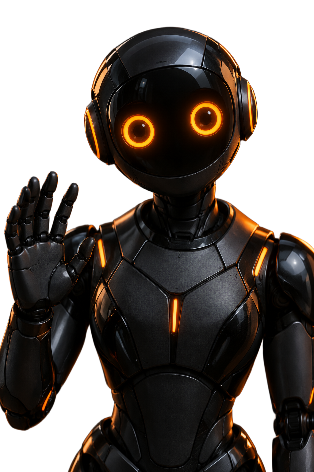 The Arudra assistant robot — a friendly black robot with glowing orange eyes